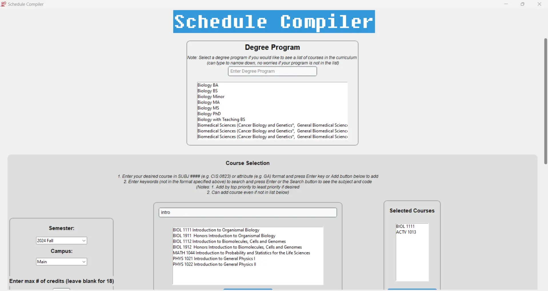 Part of the graphical user interface for the Schedule Compiler (by Eric Reizas)