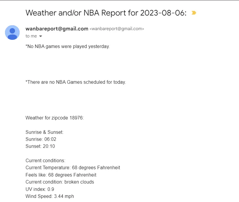 Plain text email sent by Weather and NBA Report Script (by Eric Reizas)